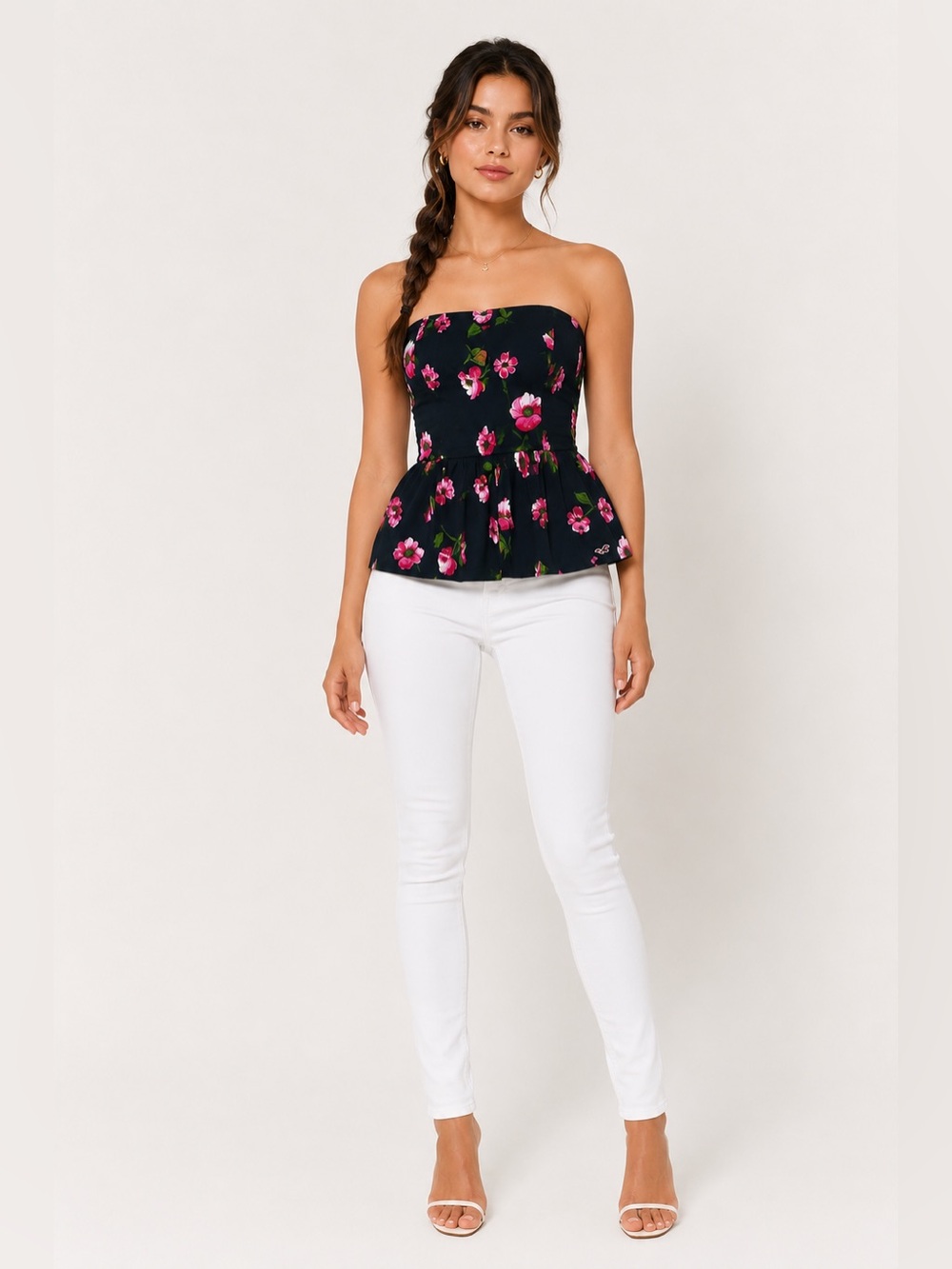 Hollister Strapless Floral Peplum Top Navy Pink